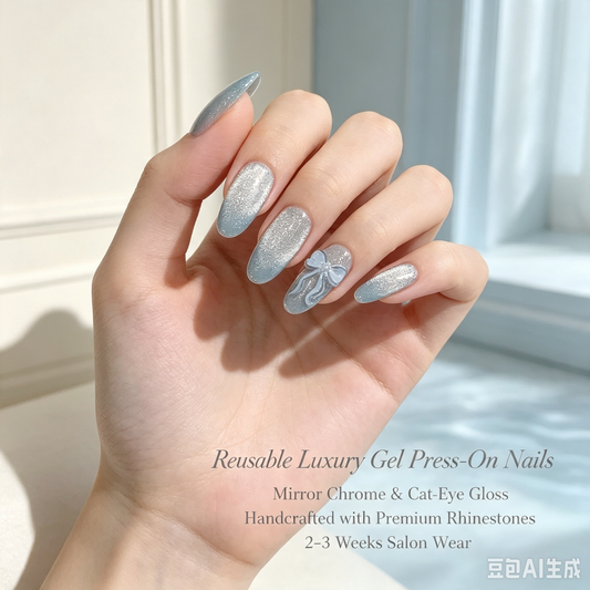 Ocean Chrome Cat-Eye — Handcrafted Luxury Press-On Nails | Reusable Gel Nails with 3D Bow