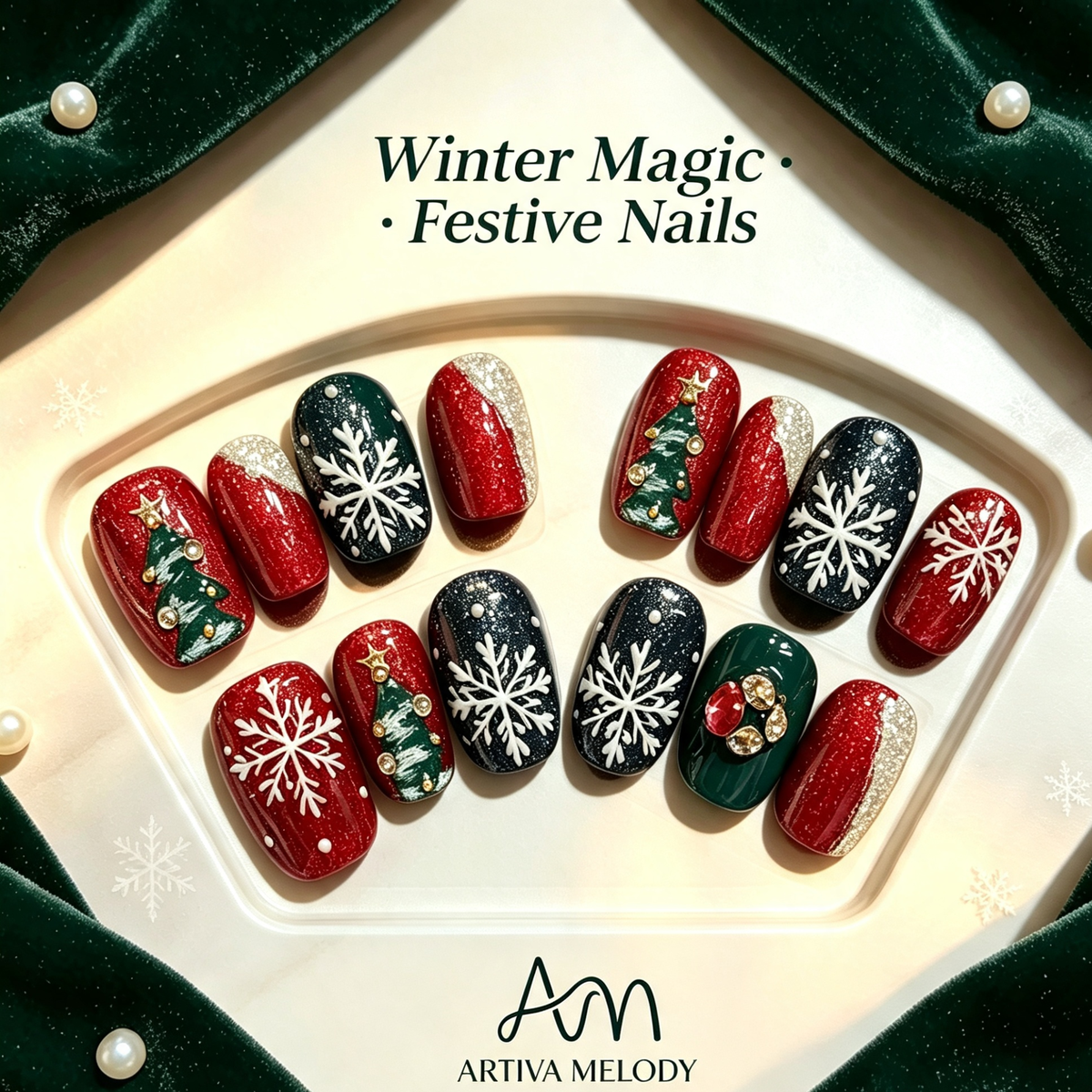 Winter Magic Christmas Press On Nails | Handmade Holiday Nail Art – Artiva Melody