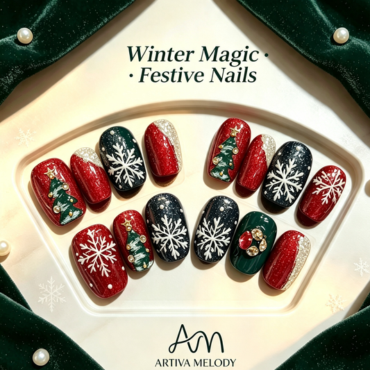 Winter Magic Christmas Press On Nails | Handmade Holiday Nail Art – Artiva Melody