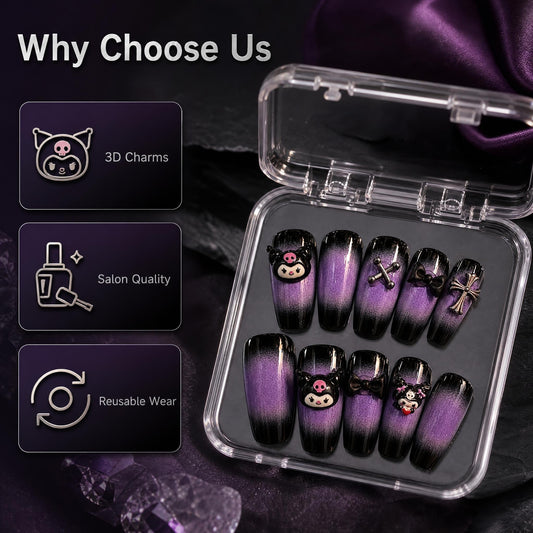 Kawaii Kuromi Press On Nails, Black Purple Gradient Coffin False Nails