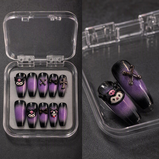 Kawaii Kuromi Press On Nails, Black Purple Gradient Coffin False Nails