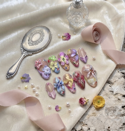 Handmade 3D Flower Press On Nails | Luxury Sculpted Floral Nail Art SetSculpted Art Set