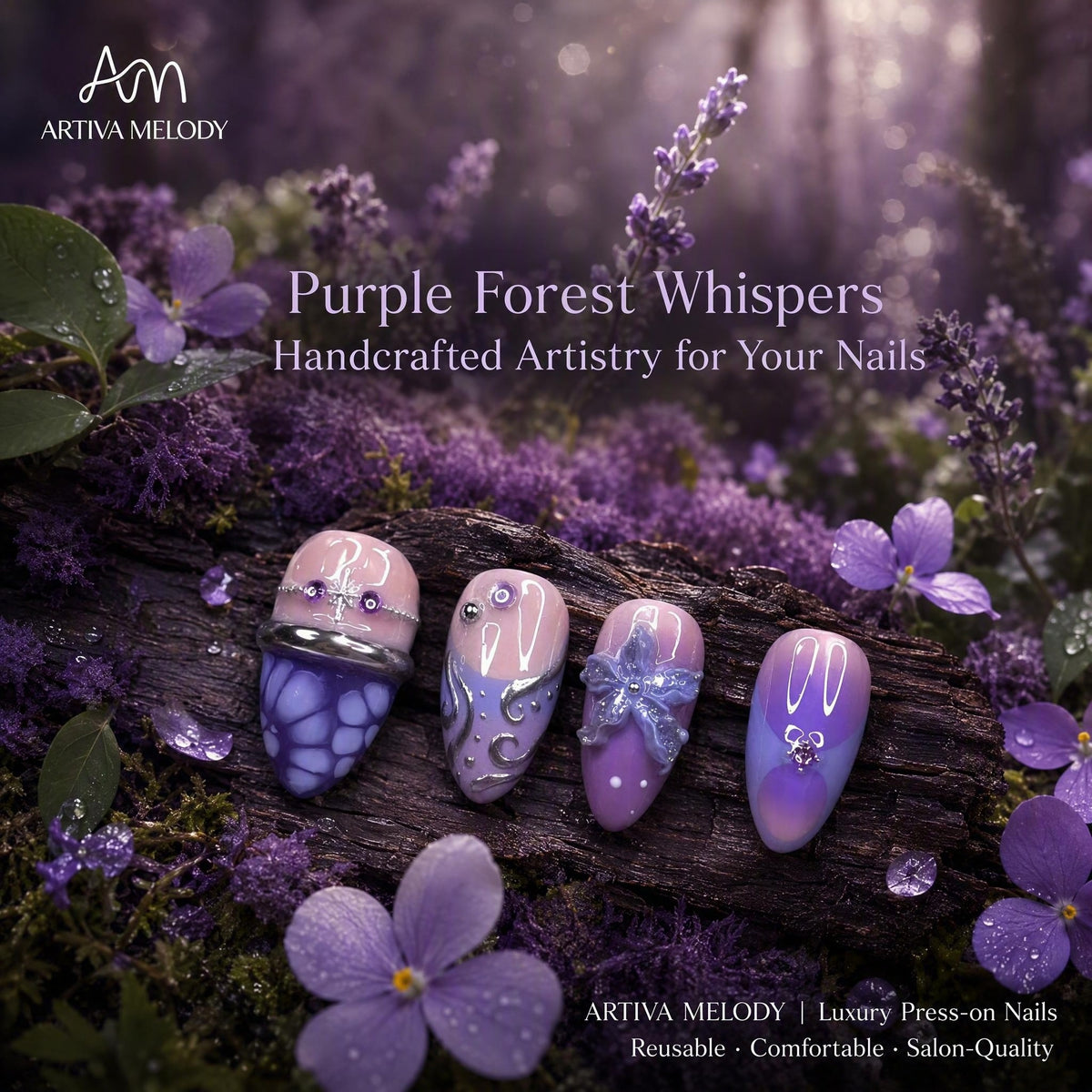 Purple 3D Floral Press-On Nails – Purple Forest Whispers-ARTIVA MELODY