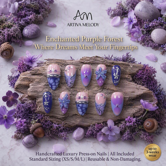Purple 3D Floral Press-On Nails – Purple Forest Whispers-ARTIVA MELODY