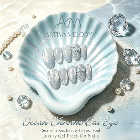 Ocean Chrome Cat-Eye — Handcrafted Luxury Press-On Nails | Reusable Gel Nails with 3D Bow
